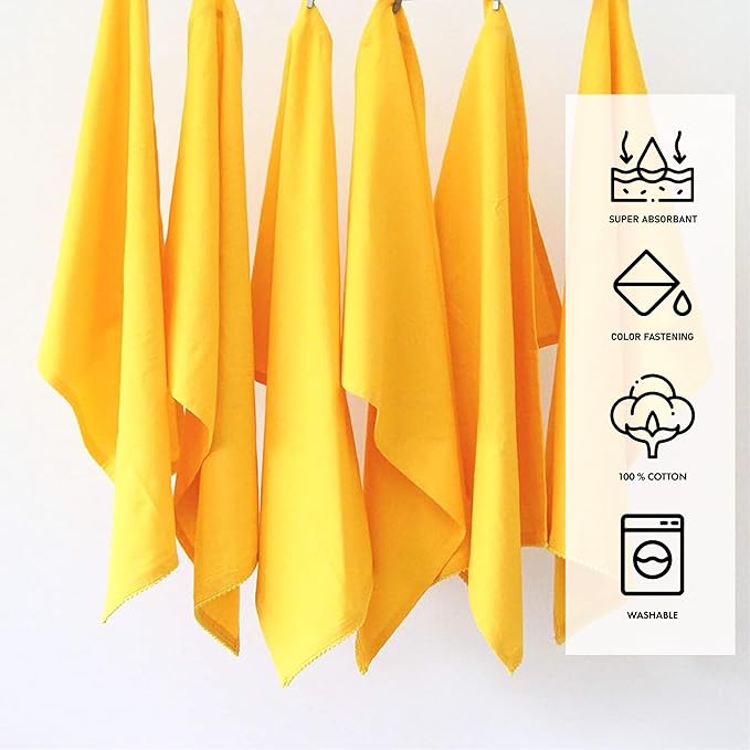TARAN LIVING Kitchen Towels 100% Cotton Solid Dish Cloths Kitchen Hand Towel Reusuable Dish Towel for Cleaning & Drying Tea Towels Set with Hanging Loop - 18"x 28", Yellow, Pack of 6