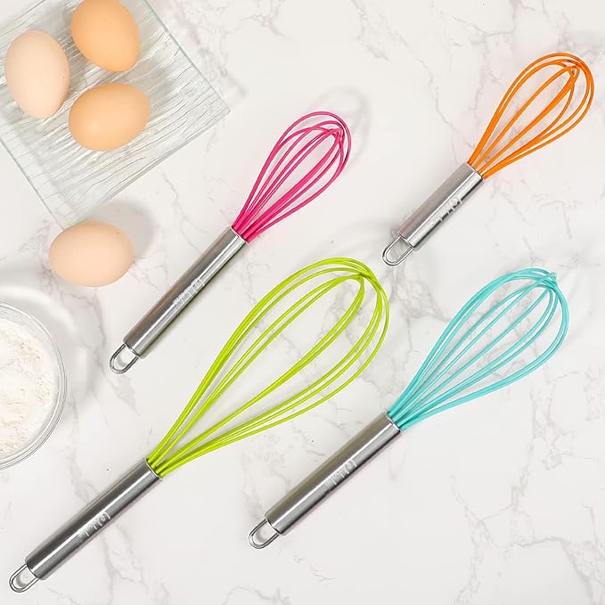 Webake Silicone Whisk Large Medium Small and Mini Whisk Set of 4, Heat Resistant Non-scratch Coated Kitchen Whisks for Cooking Nonstick Cookware, 4 Color Balloon Egg Wisk