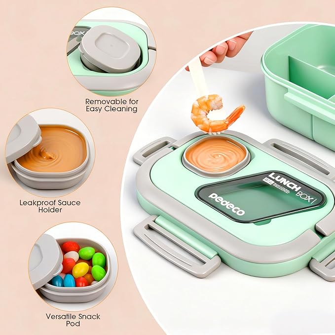 PEDECO Bento Box Set with Lunch Bag, Lunch Containers for Women&Men&Kids. Leakproof 3-Compartment and 2-Tier Stackable Container with Portable Sauce Pod, Microwave/Dishwasher Safe, BPA-Free (Green)
