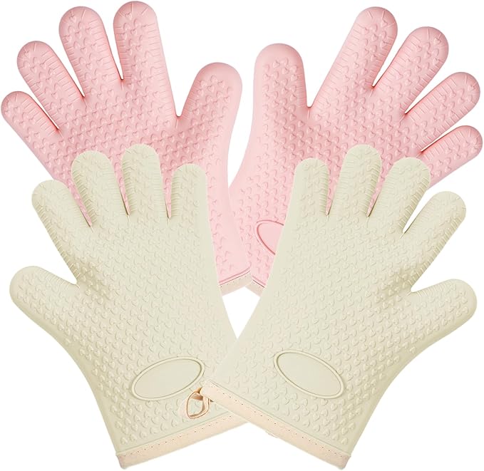 Kitchen Silicone Oven Gloves for Women 2 Pairs Oven Mitts with Fingers Heat Resistant Waterproof Handle Hot Food BBQ Grill Baking