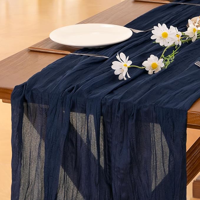 Socomi 3pcs Navy Blue Easter Spring Cheesecloth Table Runner Boho Rustic Gauze 120 inch 10FT Cheese Cloth Runner for Wedding Party Baby Shower Birthday Home Decor Holiday Decorations