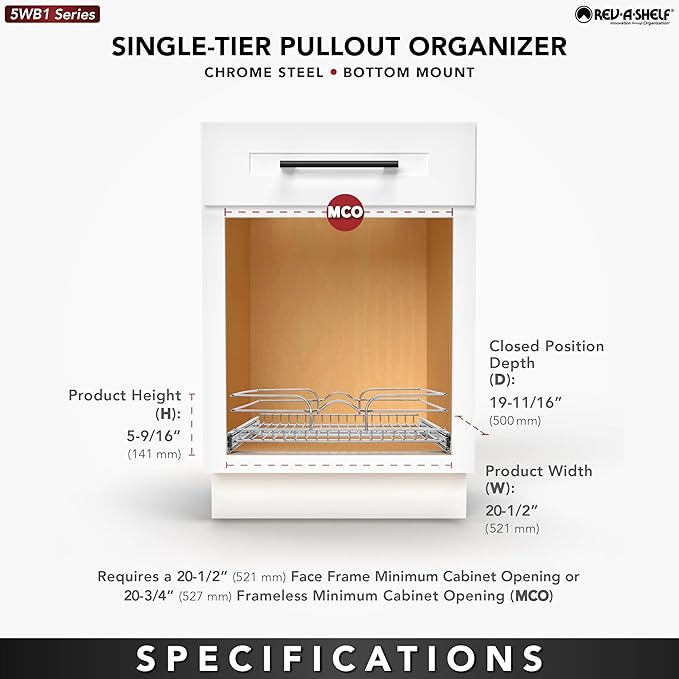 Rev-A-Shelf Kitchen Cabinet Pullout Shelf and Drawer Organizer Slide Out Pantry Storage Basket in Multiple Sizes, 21 x 20 In, 5WB1-2120CR-1