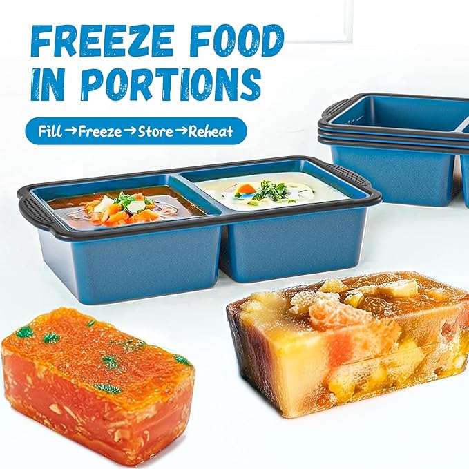 GORCI Silicone Freezer Tray With Lid, 4 Large 2 Cup Soup Freezer Molds, Soup Freezer Container for Meal Prepping, Large Ice Cube Tray， Perfect for Storing Leftovers, Sauces, Lasagna, 2-Pack