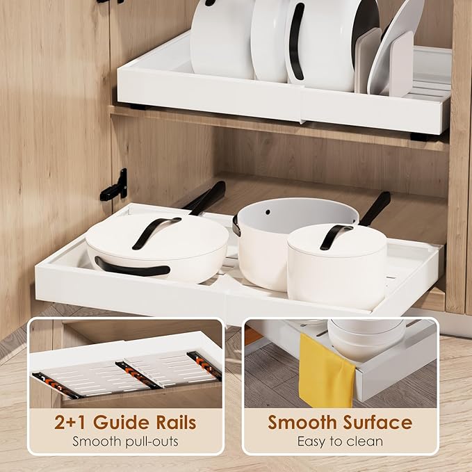 1 Pack Expandable Pull Out Cabinet Organizer 16.5" Deep, Adjustable Width 12.6"-20.5", No Drill Adhesive with Triple Track Rails, Heavy Duty Slide Out Drawers for Kitchen,Pantry,Cabinets,White