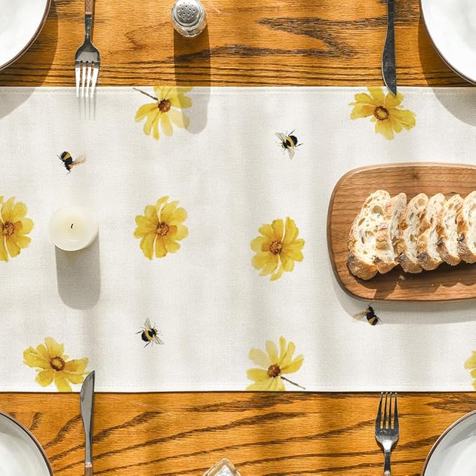 Artoid Mode Yellow Flowers Daisy Bees Summer Table Runner, Seasonal Easter Fall Holiday Kitchen Dining Table Decoration for Home Party Indoor 13x90 Inch