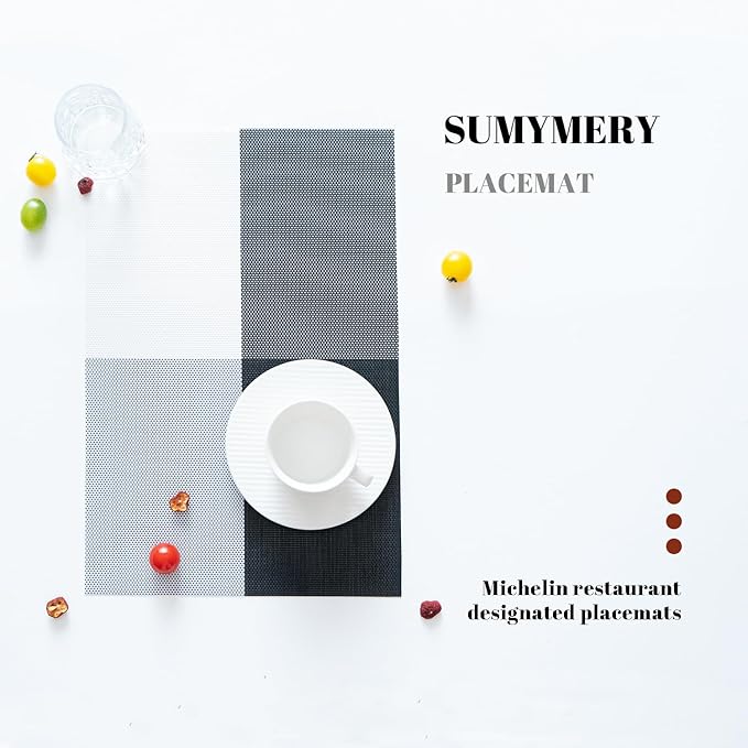 Placemats Set of 12 Vinyl/Plastic Woven Place Mats for Kitchen Table Indoor/Outdoor Washable Placemat Wipeable Dining Table Mats (Grey Grid,12)