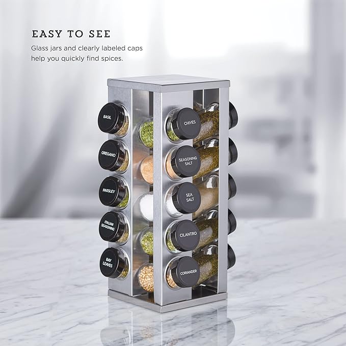 Kamenstein 20 Jar Heritage Revolving Spice Rack with Spices Included, Brushed Stainless Steel Rotating Countertop Organizer with Free Refills for 5 Years