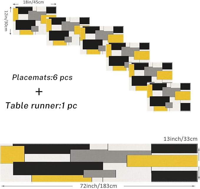 ArtSocket Geometric Table Runner and Placemats Set of 6, Yellow Black Grey Abstract Painting Art Dining Decor for Daily Use(1 Table Runner 72 inches Long and 6 Placemats)