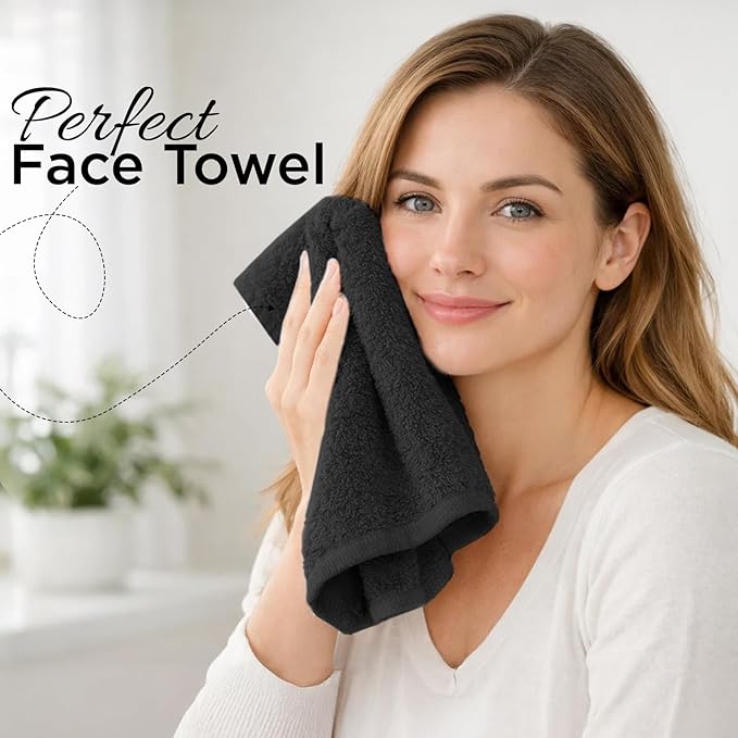 DAN RIVER 12-Pack Premium 100% Cotton Black Face Towels for Bathroom - Reusable Face Wash Cloths for Showering 12x12 Inches - 550 GSM Super Soft & Absorbent Luxury WashCloths for Body, Spa & Gym