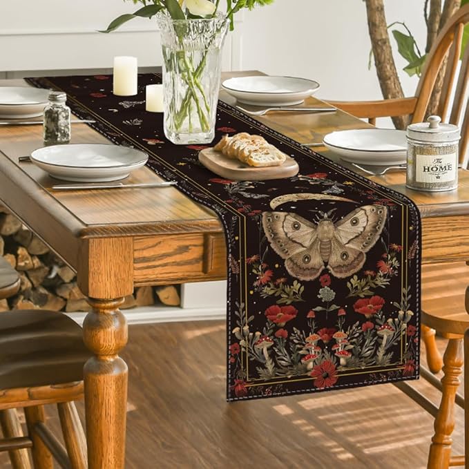 Artoid Mode Poppy Moth Mushroom Moon Fall Table Runner, Seasonal Autumn Kitchen Dining Table Decoration for Home Party Decor 13x36 Inch