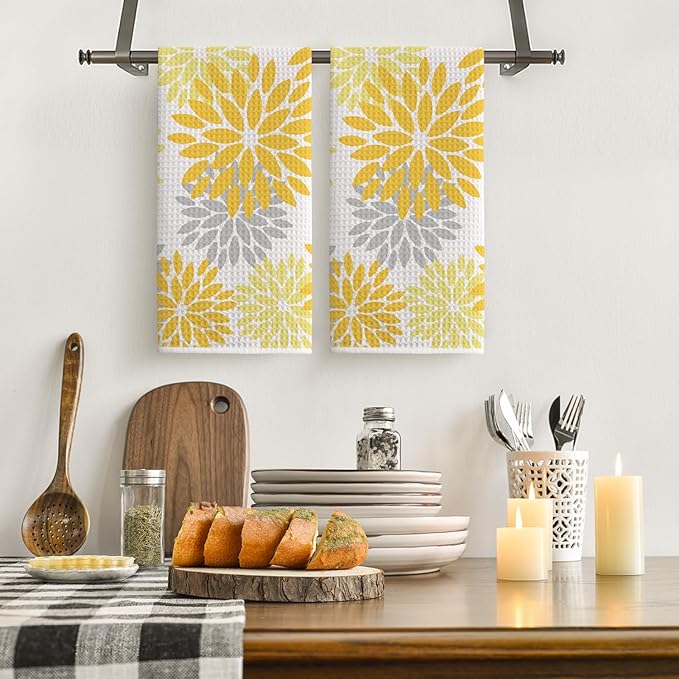 Artoid Mode Yellow Dahlia Floral Bar Kitchen Towels, 12x24 Inch Quick Dry Microfiber Cloth Dish Towels for Kitchen Drying Set of 2