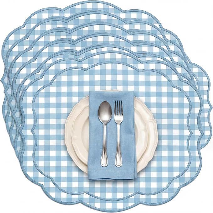 Breling Set of 6 Blue Gingham Placemats Scalloped Embroidered Cotton Linen Placemats 17" x 13" Double Layered Machine Washable Table Place Mat for Wedding Birthday Baby Shower Party Table Decor