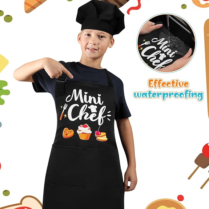 Kids Apron and Chef Hat Set, “Mini Chef” Funny Apron Adjustable Kitchen Apron for Boys and Girls