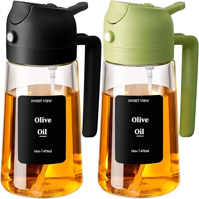 SWEET VIEW 2PCS Olive Oil Sprayer for Cooking, 16oz/470ml Glass Oil Dispenser/Pour Bottle, Kitchen Accessories, Kitchen Gadgets for Air Fryer, Salad, BBQ, with Stickers (Black,Green)