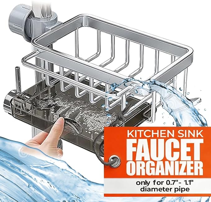 Upgrade Kitchen Sink Faucet Organizer, New Multifunction Organizer Rack for Kitchen Adjustable Dish Sponge Holder Over Faucet Sink for 0.7-1.1" Round Water Pipe (Silver, Right)