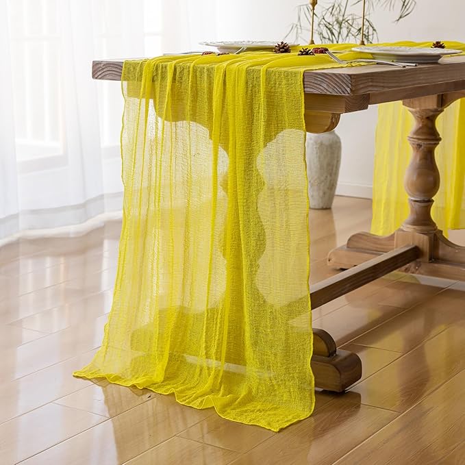 Keketoarrange 6pcs Yellow Gauze Rustic Cheesecloth Table Runner 120 Inch 10 FT for Wedding Baby Shower Bridal Shower Birthday Engagement Garden Outdoor Party Long Sheer Boho Decorations