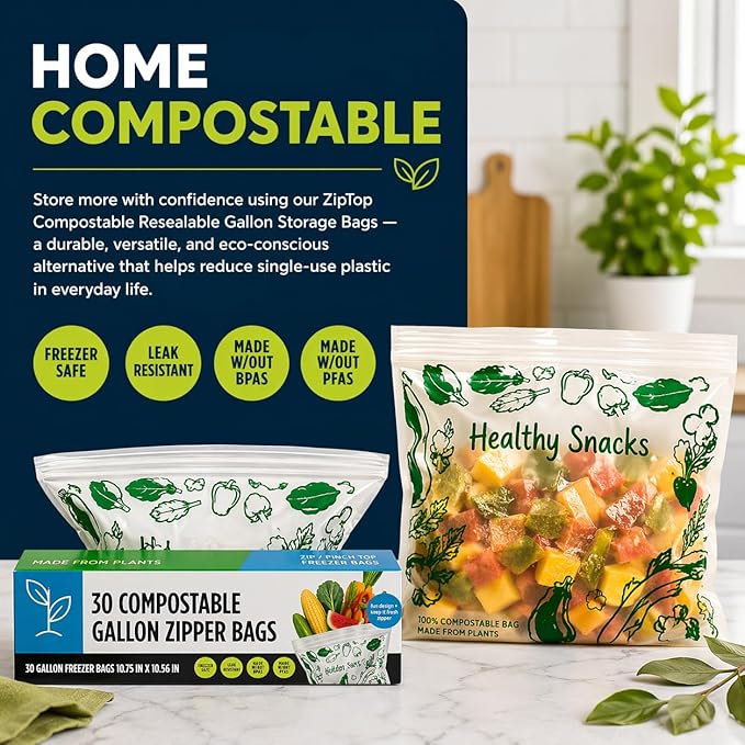 Lunchskins Ziptop Home Compostable & Resealable Freezer-Safe Food Storage Bags, Gallon Size, 60 Bags - Eco-Friendly, Made Without PFAS and BPAS