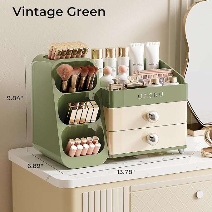 Makeup Organizer for Vanity with Brush Holder, Large Plastic Bathroom Countertop Skincare Organizer with 2 Drawers, Spacious Cosmetic Display Case for Perfumes, Eyeshadow Palettes, Nail Polishes