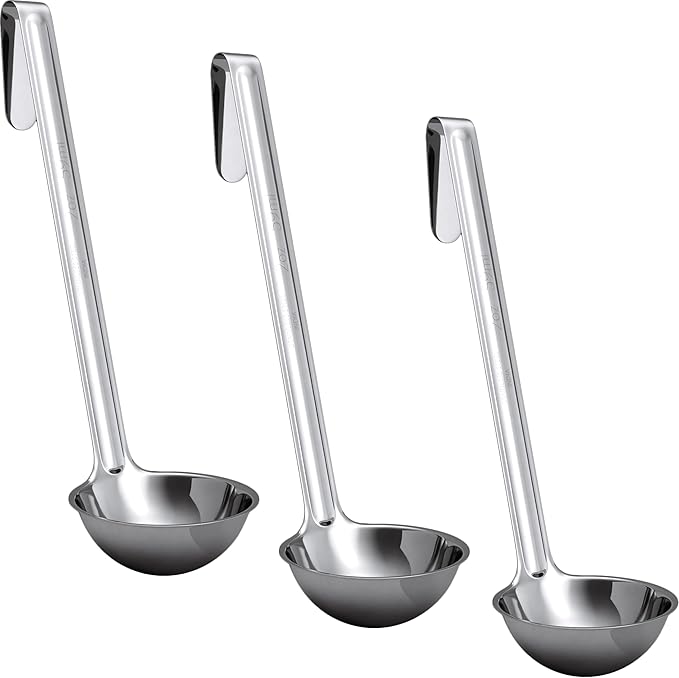 Super Sturdy, Ergonomic 2 Oz. Soup Ladle 3 Pk. Stainless Steel Ladles with Long Handles. Best Kitchen Accessories for Stirring, Portioning and Serving Soups, Chili and Stew in Restaurants and at Home