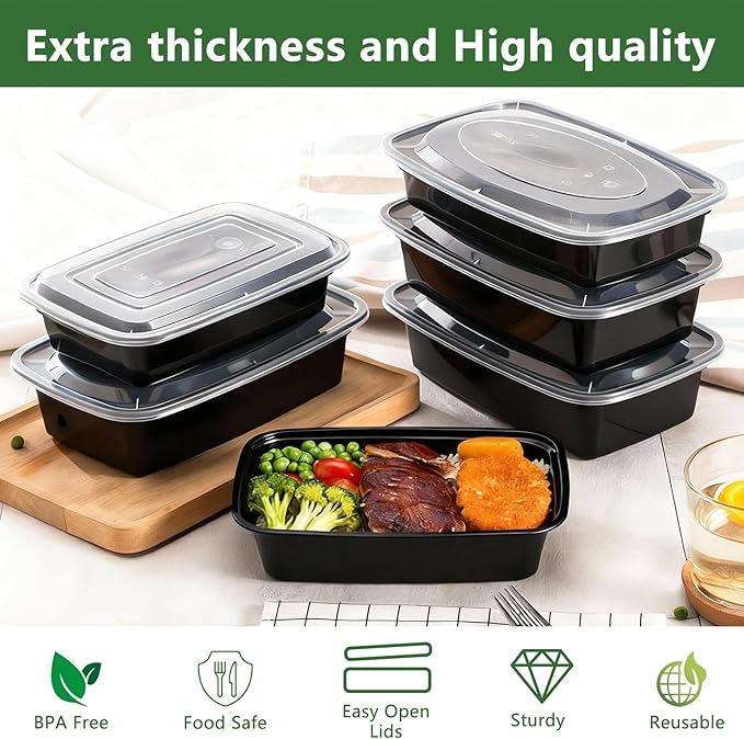 Qewro 10Pack 35oz Meal Prep Containers Disposable Food Storage Containers with Lids, 1-Compartment Reusable Food Storage Plastic Stackable To Go Boxes Microwave, Freezer, Dishwasher Safe