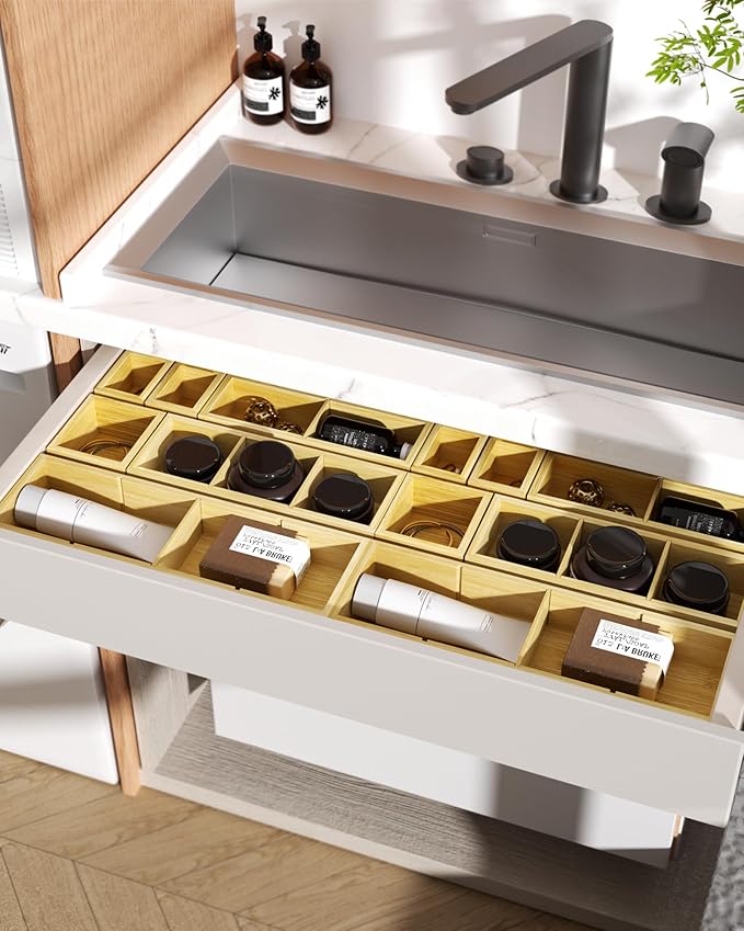 12-Piece Bamboo Desk Drawer Organizer Set – Adjustable Storage Boxes with 24 Compartments, Non-Slip, Modular Design for Office, Jewelry, Vanity, and Kitchen Utensil Drawer Storage