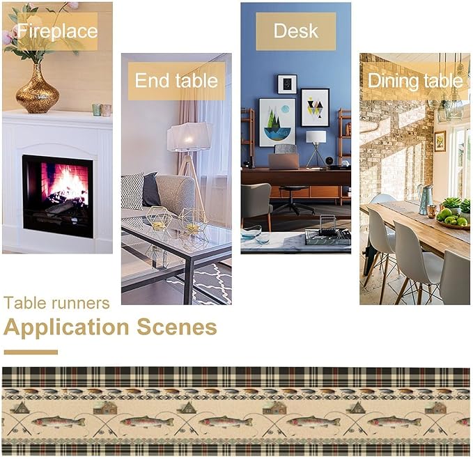 Fishing Table Runner Vintage Rustic Cabin Rods Lure Southwestern Check Art Printed Dinner Runner for Home Kitchen Dining Table Decor Fabric 1 Panel W13xL108in