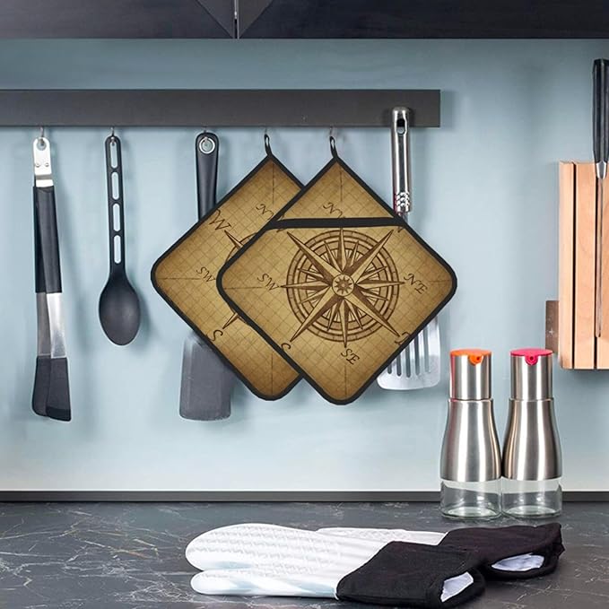 Pot Holders 2PCS Return Compass,Vintage Compass Rose Pot Holder, Art Brown Kitchen for Cooking Baking BBQ Grilling