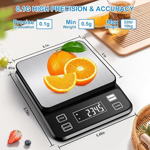 22lb Waterproof IPX67 Kitchen Scale with 0.1g/0.001oz High Precision, Diyife Large Stainless Steel Food Scale, 10 Unit, Washable, Hangable, USB Rechargeable, LCD Display, for Cooking, Baking