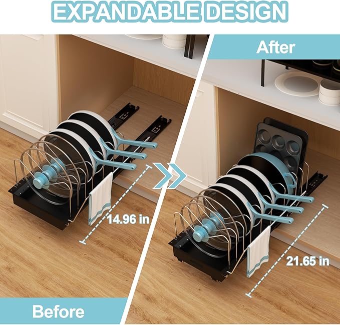Golener Pots and Pans Organizer Under Cabinet - 22" Deep Expandable Pot Organizers inside Cabinet with 10 Adjustable Dividers &Handrail, No Drill Pot Lid Holder, Sliding Pot Lid Holder, 1 Pack