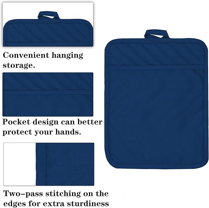 Oven Pot Holder with Pocket Cotton Heat Resistant Coaster Potholder Kitchen Hot Pad Oven Mitts for Cooking Square 7"x9"Set of 5 (Blue)