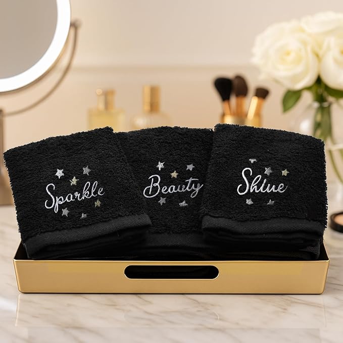 DAN River Black Makeup Towels - Pack of 6 (13x13 in) - Ultra Soft Cotton Face Towels with Embroidery - Reusable, Quick-Dry & Machine Washable Makeup Remover Cloths for Bathroom, Spa & Salon