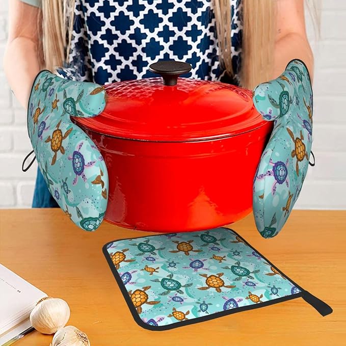 Cute Sea Turtle Beach Oven Mitts and Pot Holders Set Ocean Themed Decorative Heat Resistant Microwave Oven Gloves for BBQ Baking Grilling Cooks Kitchen Decor 3 Piece