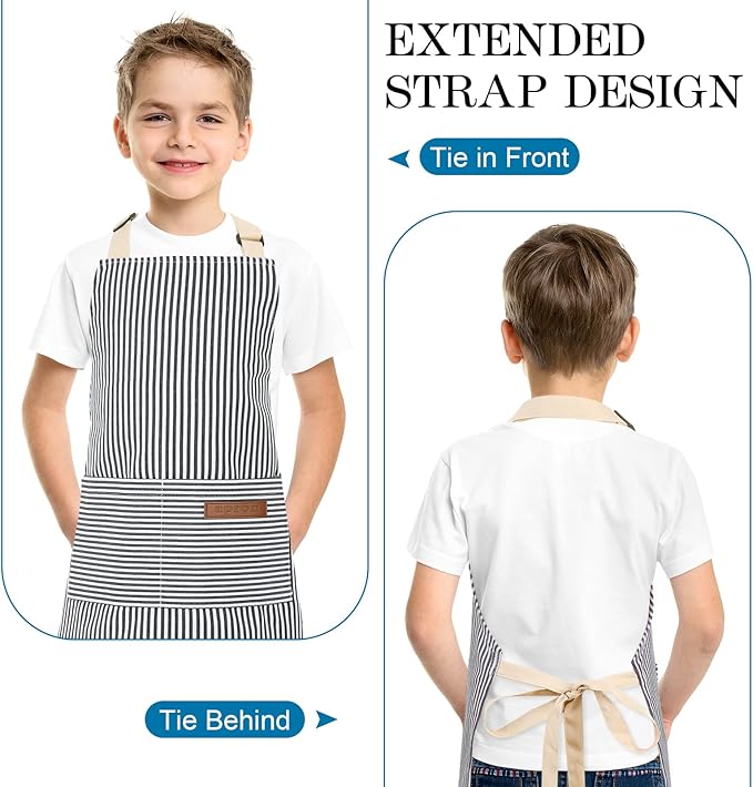 2 Pack Stripes Kids Apron, Kids Cooking Aprons with 2 Pockets, Cute Aprons for Cooking for Boys and Girls