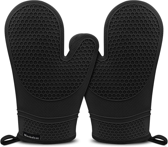 Silicone Oven Mitts Heat Resistant to 500ºF - [Ultra Heat Resistant] [Thickened Liner] [Waterproof Silicone] Kitchen Oven Gloves Mittens for Cooking, 1 Pair (Black)