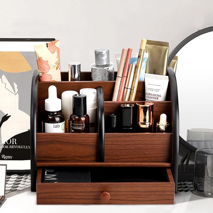 Foraineam Wooden Desk Organizer with Drawer, Remote Control Holder Caddy, Makeup Organizers, Wood Pencil Holder Desktop Supplies and Stationery Rack for Home Office School Tabletop Accessories Storage