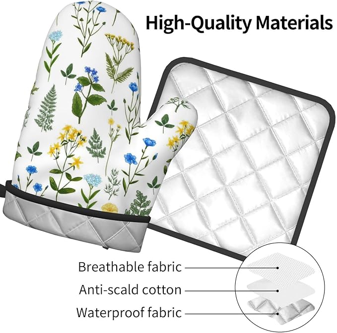 Blue Yellow Green Floral Oven Mitts & Pot Holders Sets of 3, Heat Resistant Sky Blue Teal White Flowers Kitchen Gloves and Hot Pads for Cooking Baking Grilling, Baking Gifts for Women, Kitchen Decor