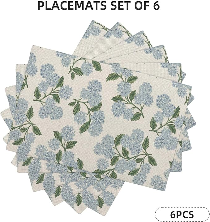 Blue Green Spring Placemats Set of 6 Hydrangea Flower Decor Place Mats 12x18 Inch Vintage Floral Summer Seasonal Decorative Linen Table Mats for Home Kitchen Dining Party Table Decoration