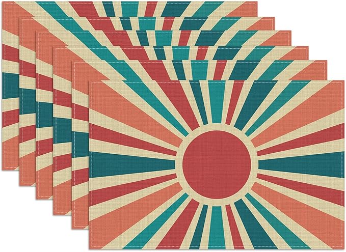 Boho Sun Placemats Set of 6, Washable Heat Resistant Table Mat Linen Place Mats for Party Kitchen Dining Home Decor 12x18 Inch