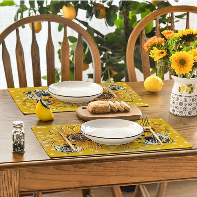 Artoid Mode Sunflower Bee Flower Polka Dot Summer Placemats Set of 4, 12x18 Inch Spring Table Mats for Table Runner Party Kitchen Dining Decoration