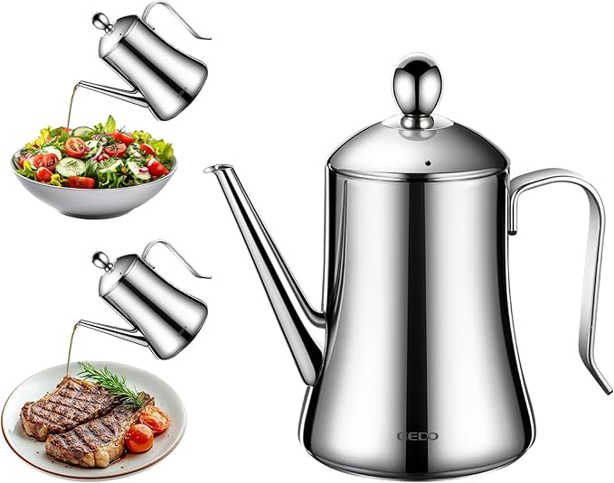 GEDO 304 Stainless Steel Oil Dispenser, Eagle Beak Drip-Free Spout Oil Pot with Extra Wide Mouth & Air Vent Lid, Large Capacity for Kitchen Cooking & Outdoor Grilling (1.05QT / 1000ml)
