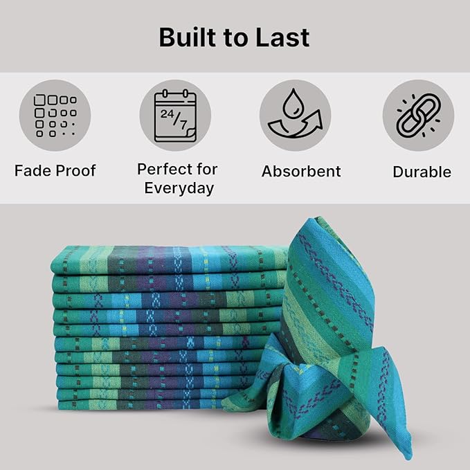 LFH Home Cotton Rich Cloth Salsa Napkin Set of 24 Washable Soft Durable Striped Table Napkins for Dining Wedding, Daily Use Reusable Eco-Friendly Napkins for Elegant Table Settings(18x18)-Teal