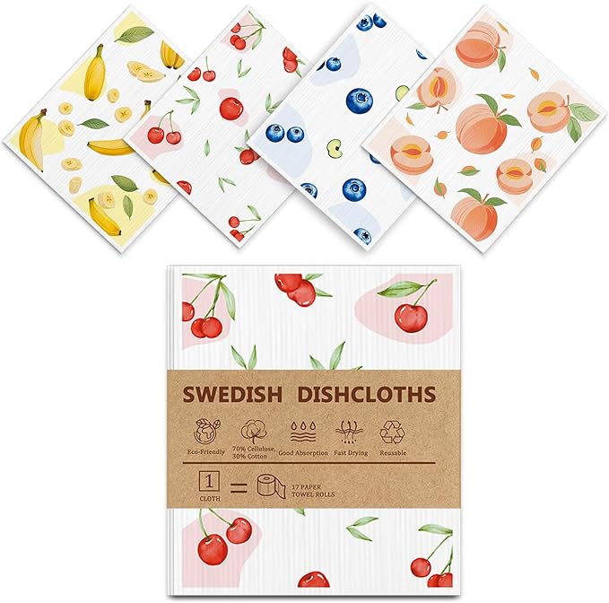 4 PCS Swedish Dishcloths, Reusable Kitchen Dish Cloths, Super Absorbent Cellulose Sponge Cloths, Odor Resistant, Dishwasher Safe & Multi-Purpose Cleaning Cloths