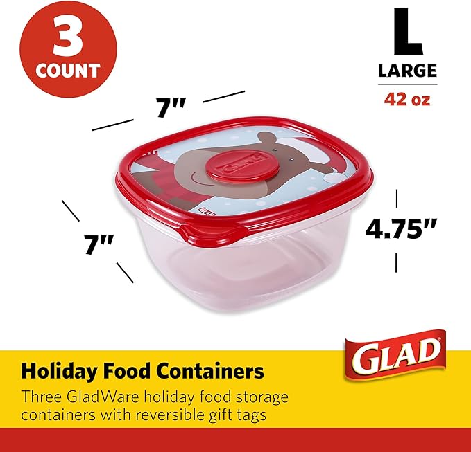 Glad GladWare Holiday Food Storage Containers with Reversible Gift Tags, Large Square BPA Free Plastic for Holiday Cookies and Gifting, Microwave Freezer Dishwasher Safe, 42 Oz, 3 Count