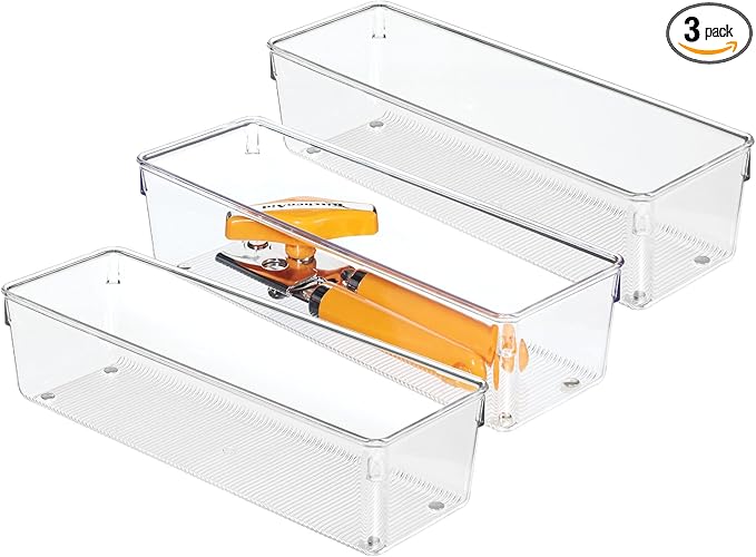 iDesign Plastic Drawer Organizer Bins - Storage for Kitchen, Bathroom, and Desk Drawers - Set of 3 - Clear