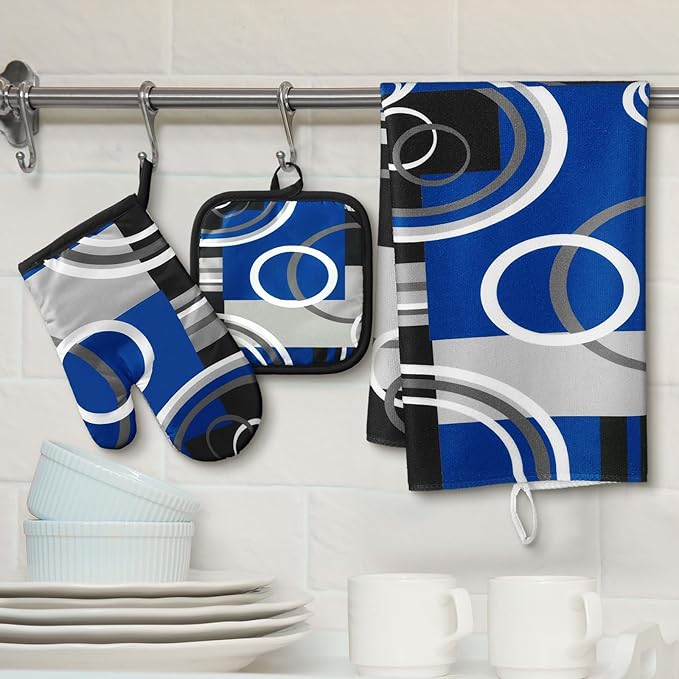 Jingmore 6 Pcs Kitchen Decor Set Accessorie Farmhouse Kitchen Towels Pot Holders Oven Mitts Set 2 Dish Towels 2 Pot Holders 2 Cooking Mittens Oven Glove for Cooking(Blue and Black,Geometric)
