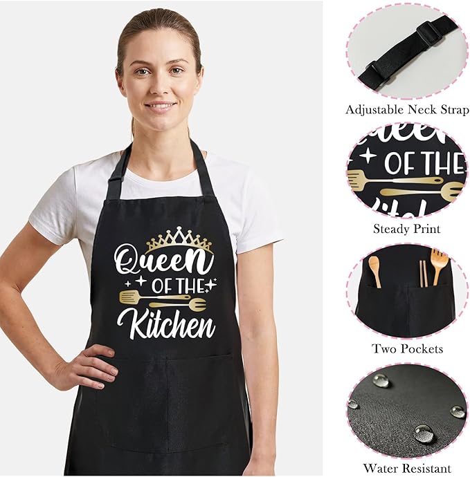 Black Baking Aprons for Women, Adjustable Cooking Baking Kitchen Aprons for Mom Chef with Pockets
