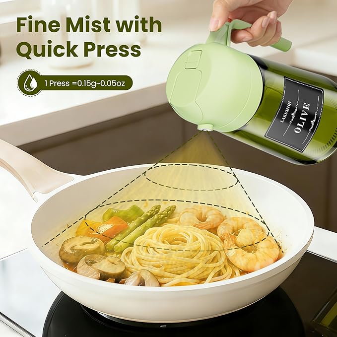 LAKUMIQI 2 in 1 Oil Sprayer for Cooking, 16oz Olive Oil Dispenser Bottle for Kitchen, Food Grade Light-Blocking Leak Proof Glass Spray Bottle for Salad, Air Fryer, BBQ