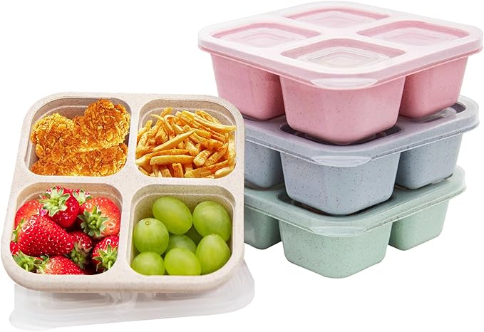 4 Pack Bento Lunch Box，4 Compartment Snack Containers，Divided Bento Snack Box，Meal Prep Containers Kids/Toddle/Adults,Food Storage Containers for School, Work and Travel