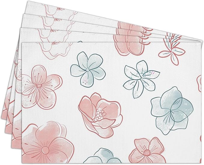 Cotton Linen Waterproof Placemats Set of 4, Watercolor Floral Dining Mat Table Mats Decor Fabric for Kitchen Dinner Coffee Shop Table, Indoor/Outdoor Washable Wipeable Placemat -N025