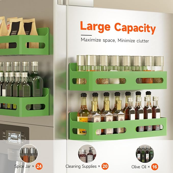 Sevenblue 4 Pack Strong Magnetic Spice Rack for Refrigerator, Multipurpose Magnetic Shelf for Fridge with 4 Hooks for kitchen and Bathroom Organization, Green